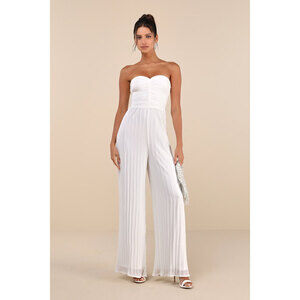 Lulus Certainly Charming White Pleated Strapless Wide-leg Jumpsuit - Size L